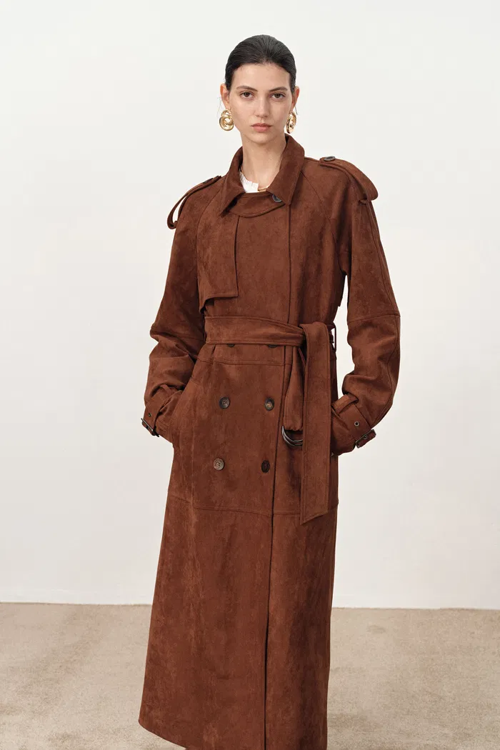 Tilda Detachable Epaulette  Trench Coat in Faux Suede