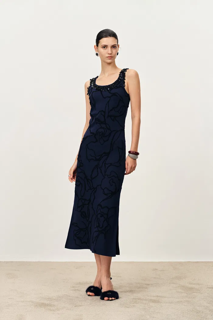 Stella Fringed Sleeveless Midi Dress in Cotton-Elite Yarn Knit