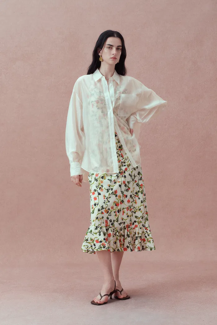 Bella White Sheer Button-Up Shirt in Organza
