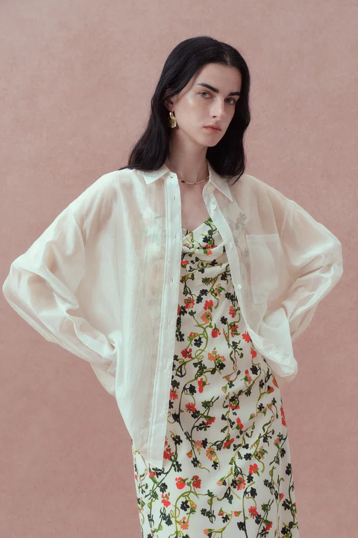 Bella White Sheer Button-Up Shirt in Organza