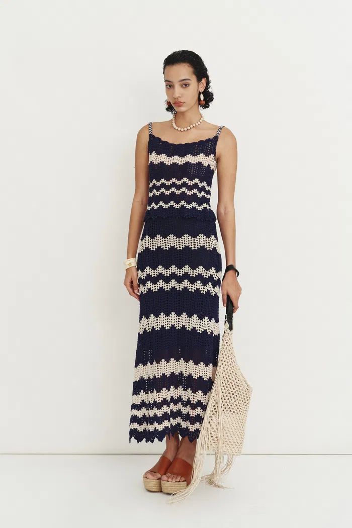 Cecilia Handcrafted Contrast Crochet Strap Sleeveless Top in Cotton-Linen Blend