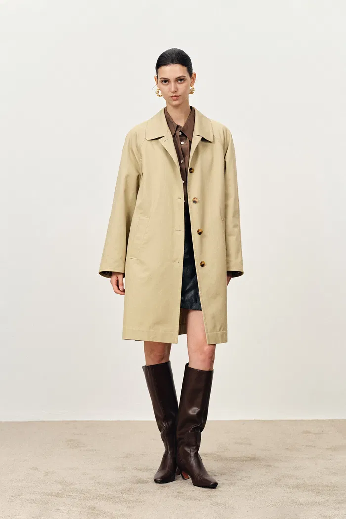 Nereo Checkered Cuff Midi Trench Coat in Lightweight Cotton