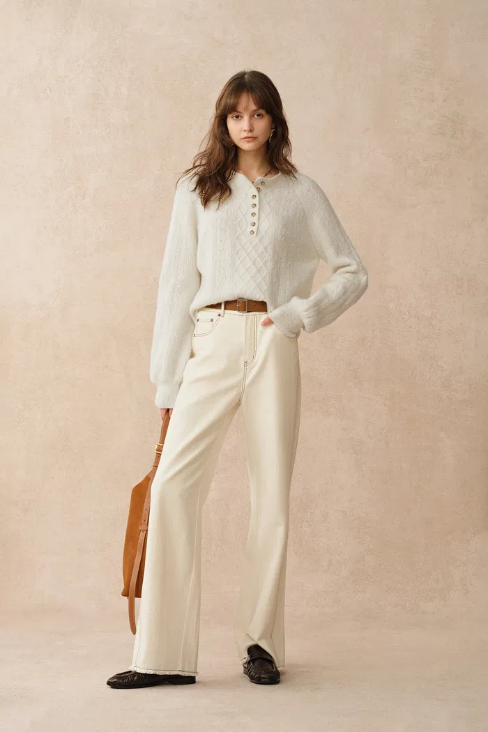 Cersei Hand Work Henley Cable Pattern Sweater in Merino Wool