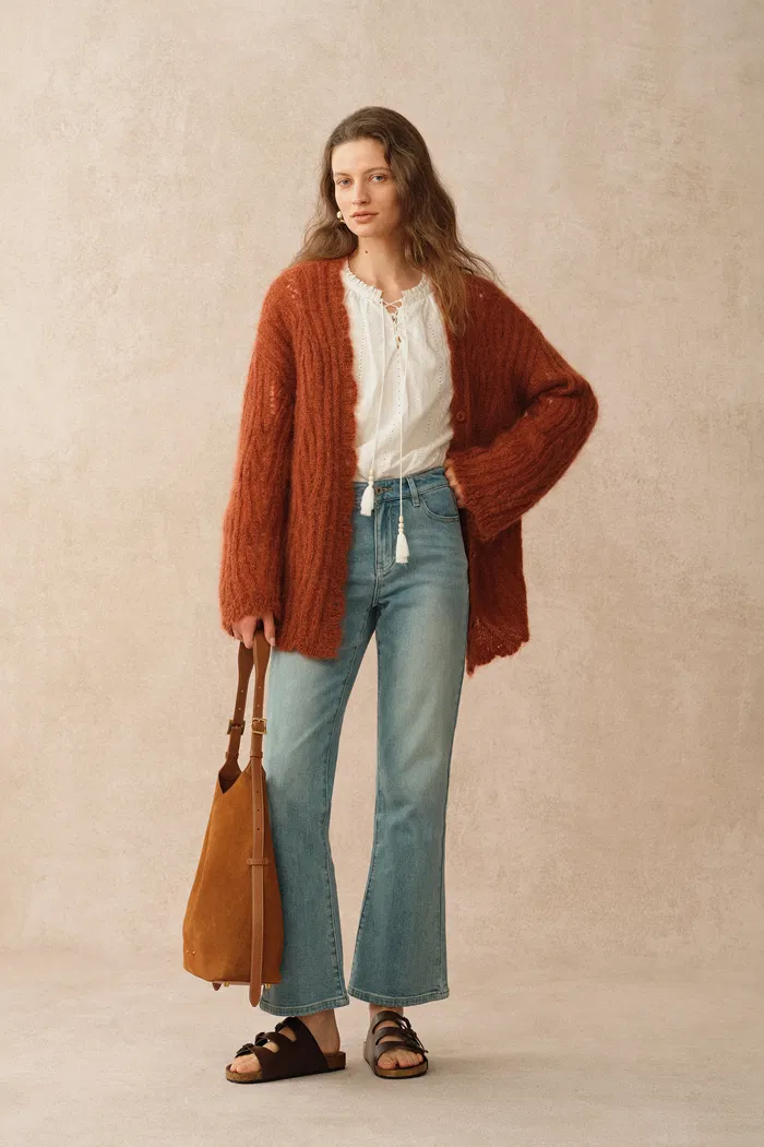 Aki Scalloped Neckline Sheer Cardigan in Lightweight Cable Mohair Knit