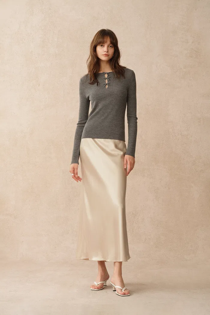 Eden Grey Bow Tie Cutwork Wool Long Sleeve Top in Merino Wool Knit