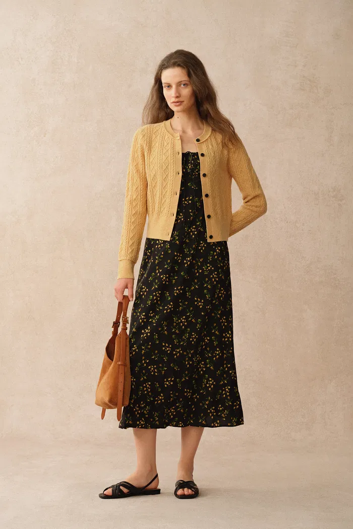 Jinji Yellow Lace Trim Light Short Cardigan in Wool Cable Knit