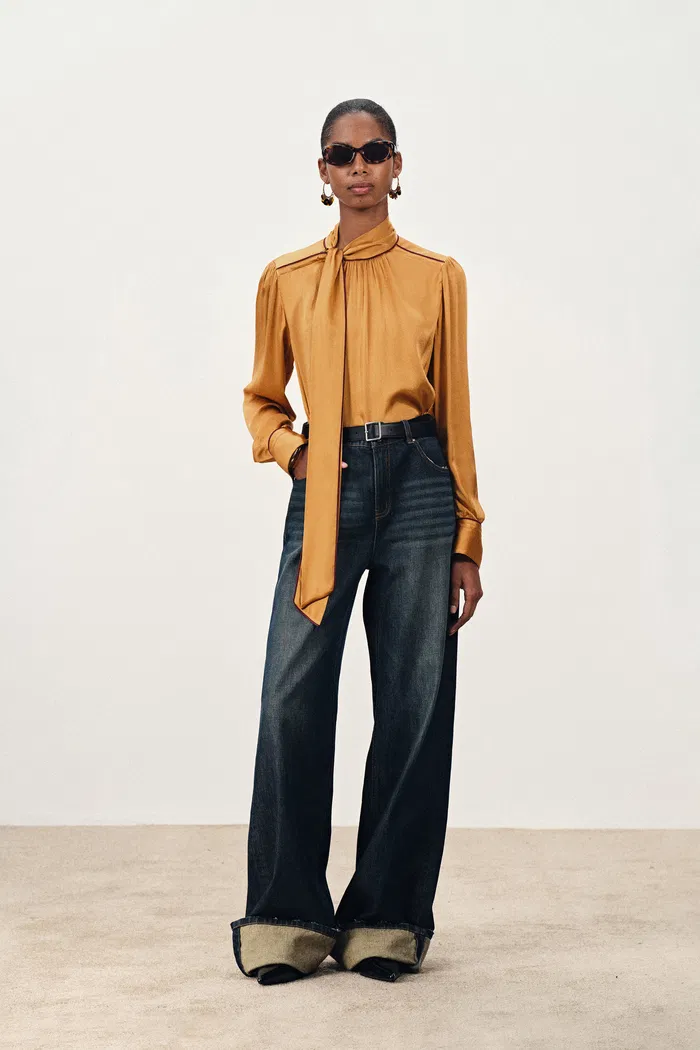 Iris Tie Neck French Blouse in Silk Satin
