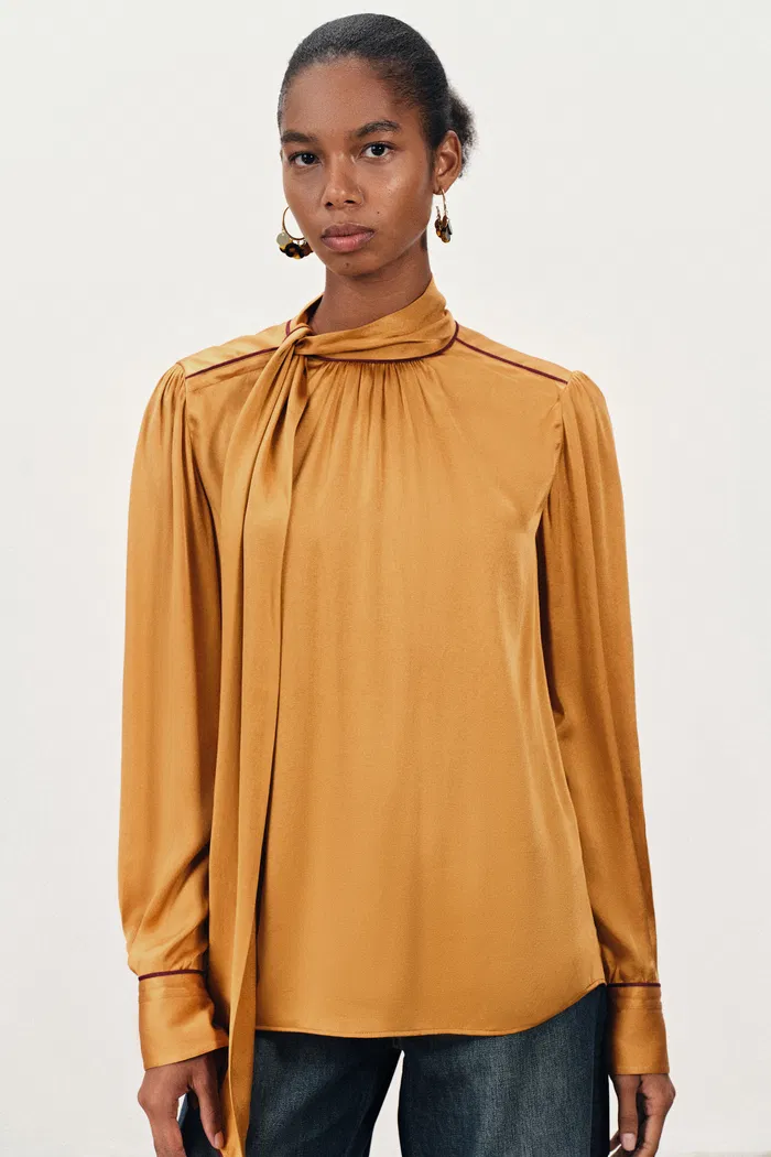 Iris Tie Neck French Blouse in Silk Satin