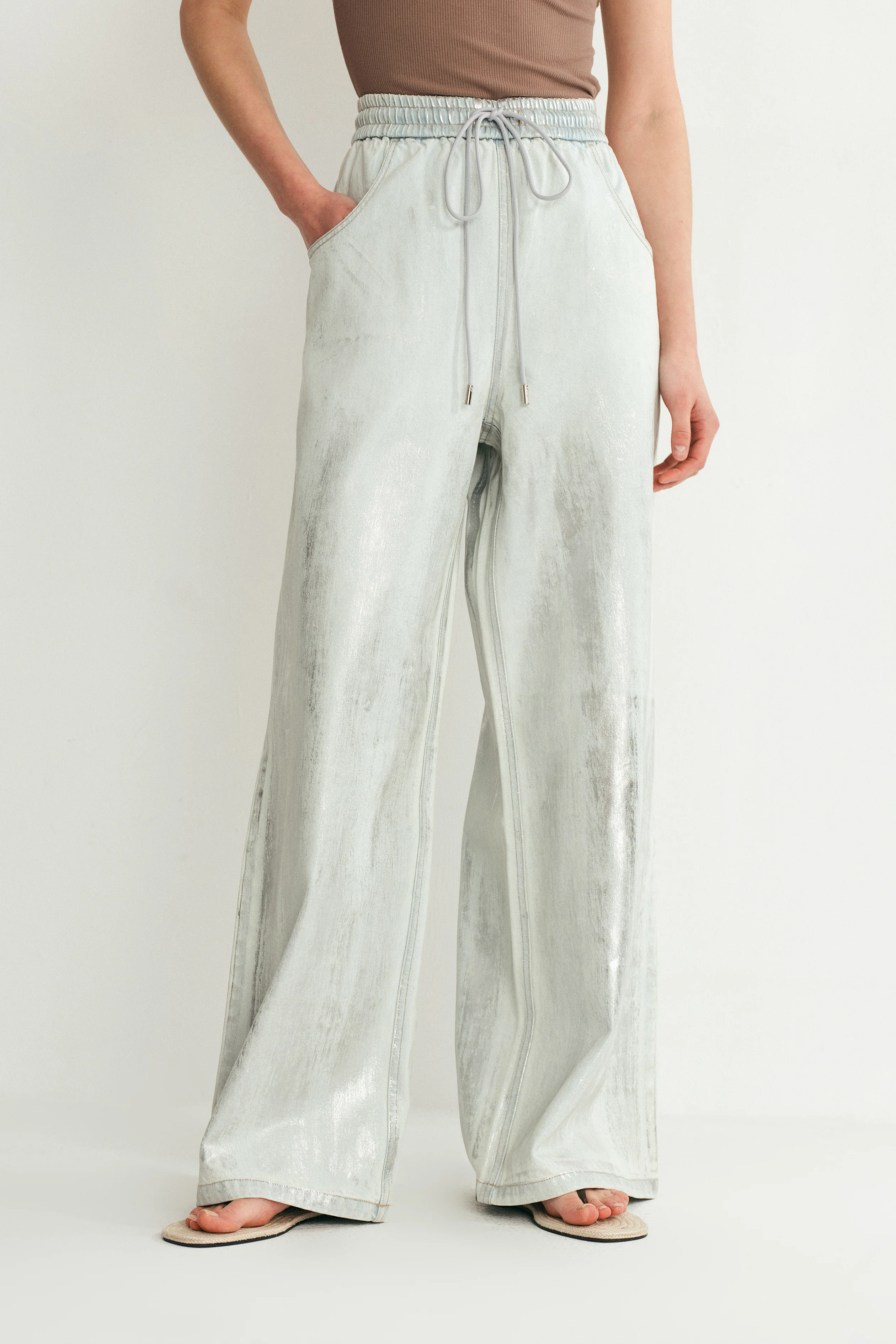 Galaxy Shimmer Coated Wide Leg Jeans in Summer Denim