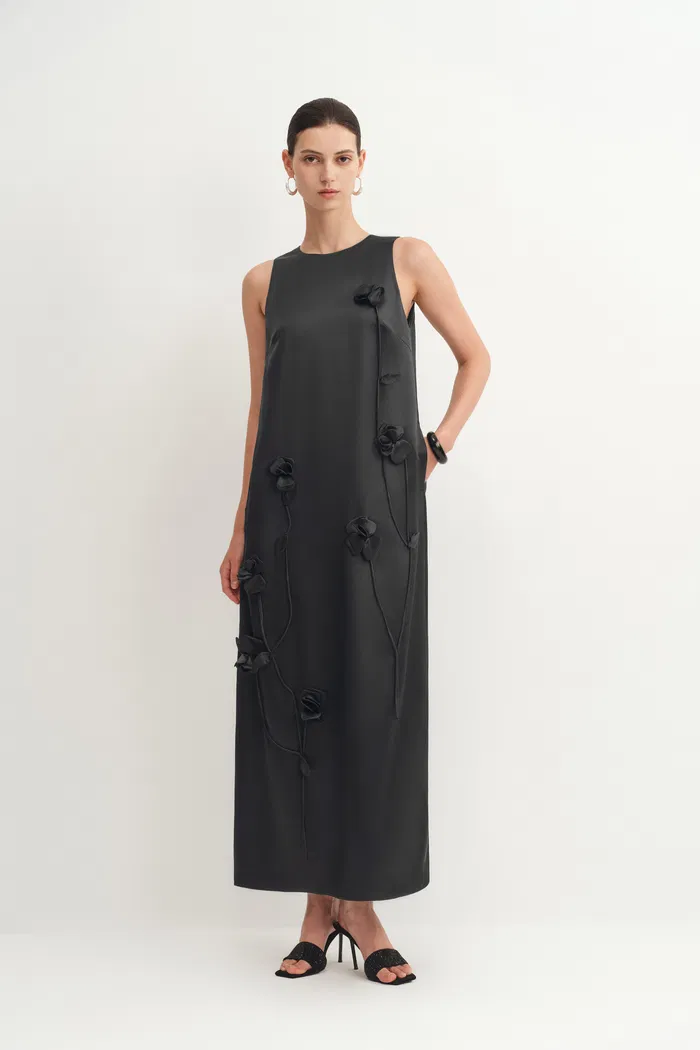Eleanor Handcrafted Flora 3D Studded Sleeveless Dress in Silk-Wool Satin