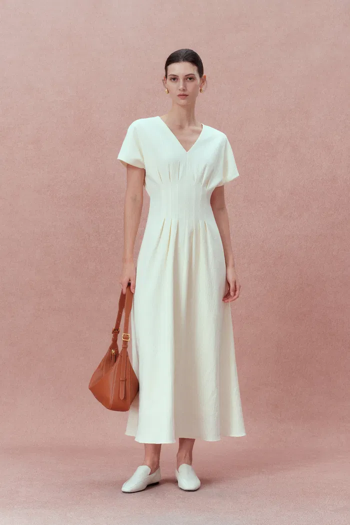Adeline Cinched Waist White Midi Dress in Cotton
