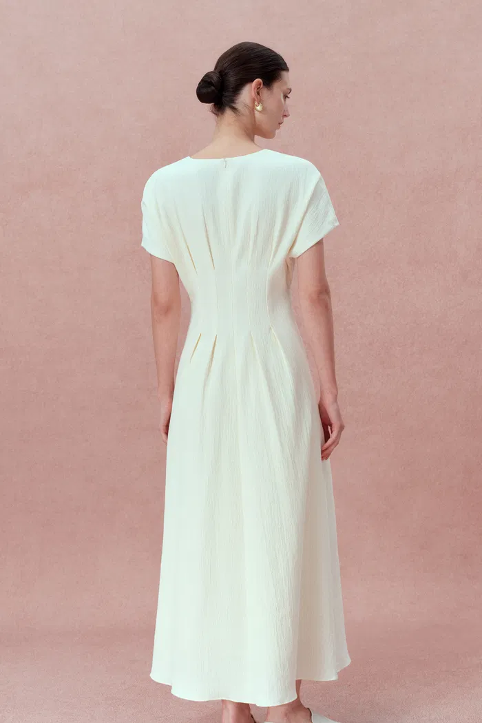 Adeline Cinched Waist White Midi Dress in Cotton