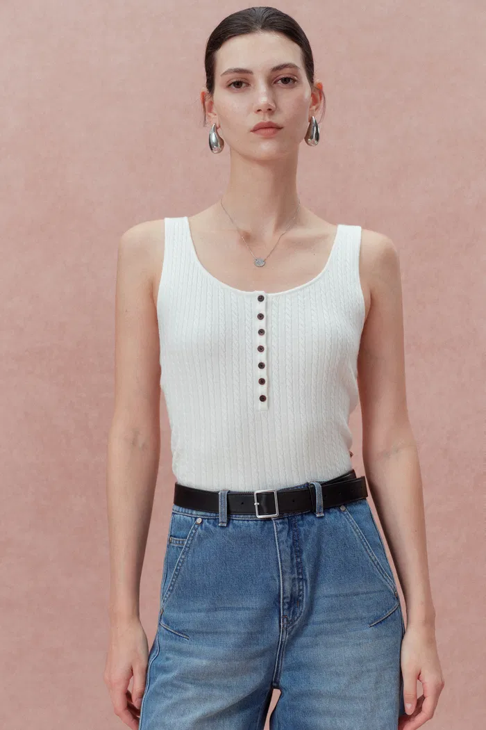 Anna White Henley Tank Top in Merino Wool with Stretch