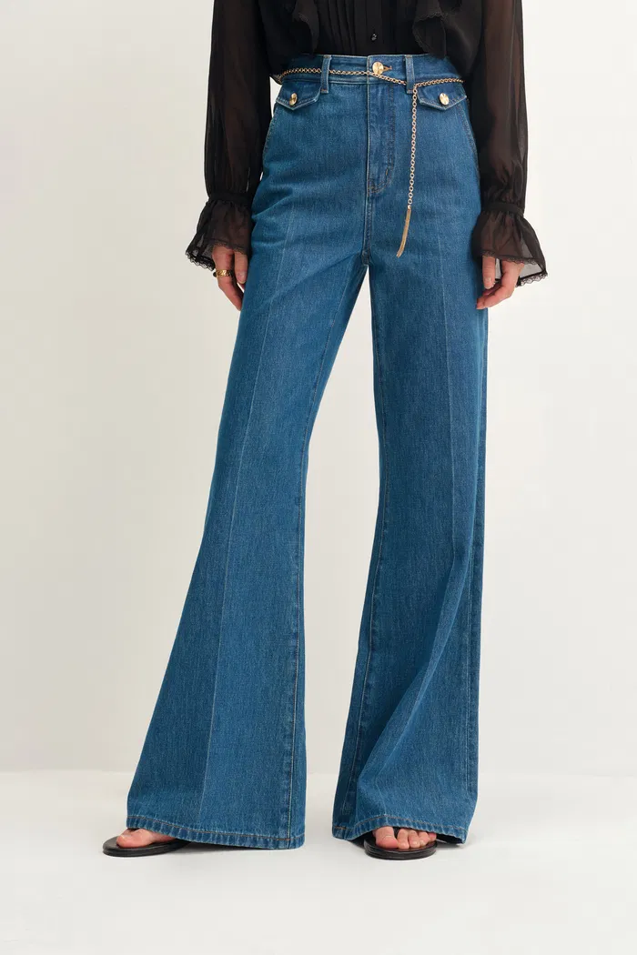 Elly Belted Teal Flared Jeans in Cotton Denim