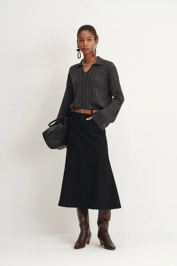 Nyssa Flared Midi Skirt in Stretchy Denim