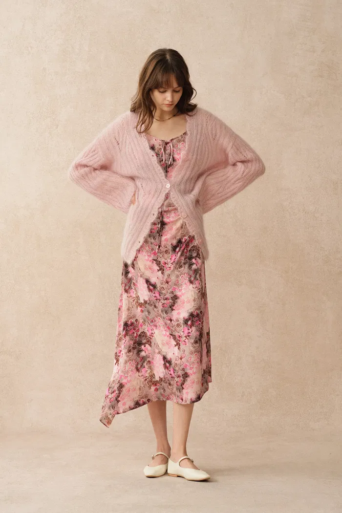 Aki Scalloped Neckline Sheer Cardigan in Lightweight Cable Mohair Knit