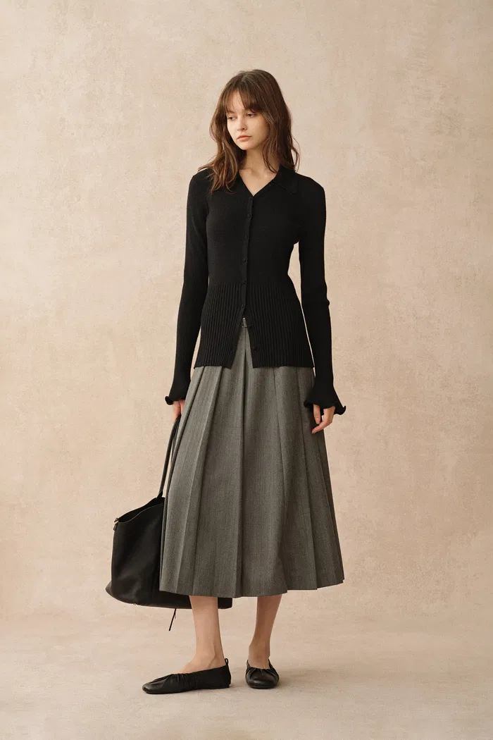 Katia Black Wavy Cuff Fitted Cardigan in Stretchy Merino Wool Cable Knit