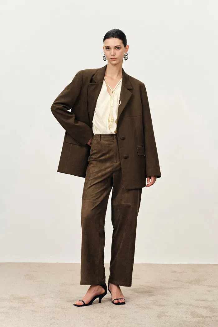 Lene Roomy Straight Leg Track Pants in Faux Suede