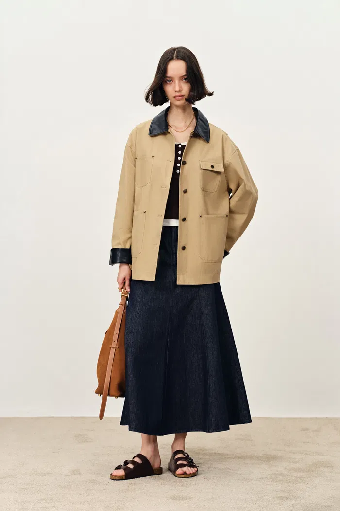 Claire Leather Trim Utility Jacket in Cotton Canvas