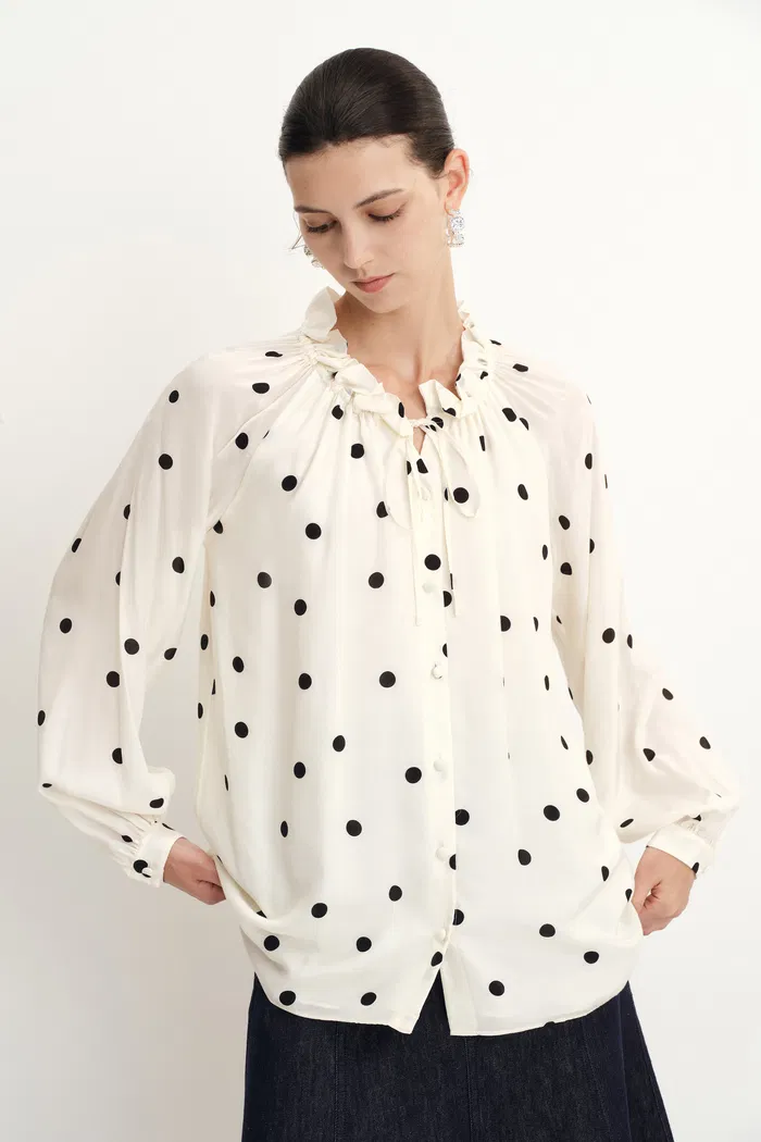 Kari Ruffle Neckline Polka Dot Blouse in Silk Satin