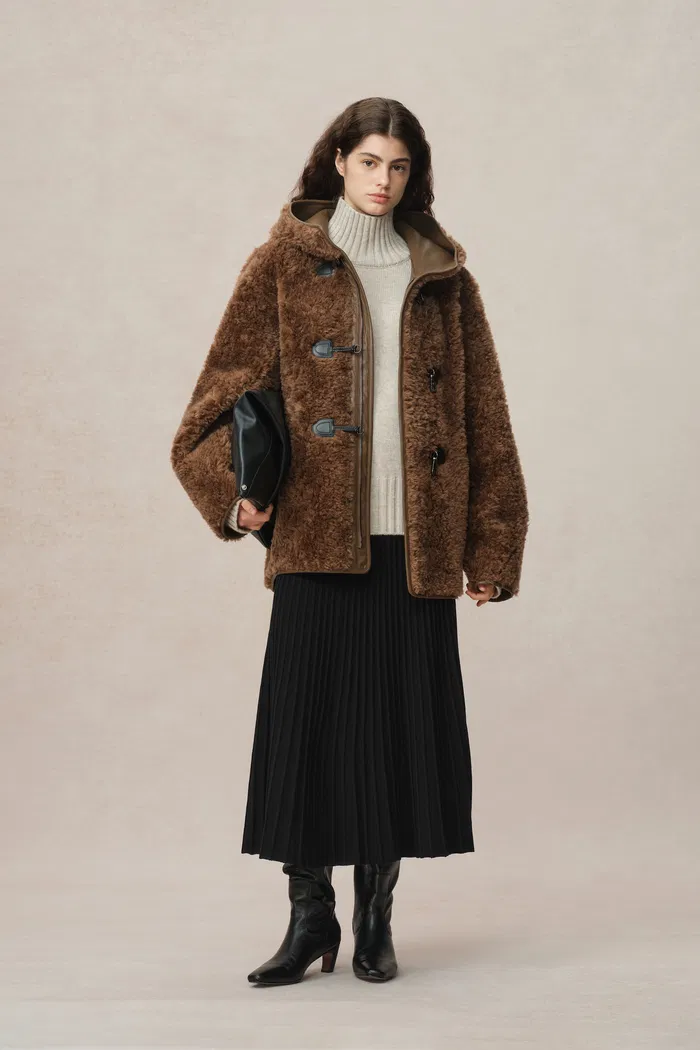 ClÃ©mence Shearling Hooded Coat in Vegan Leather and Wool Blend