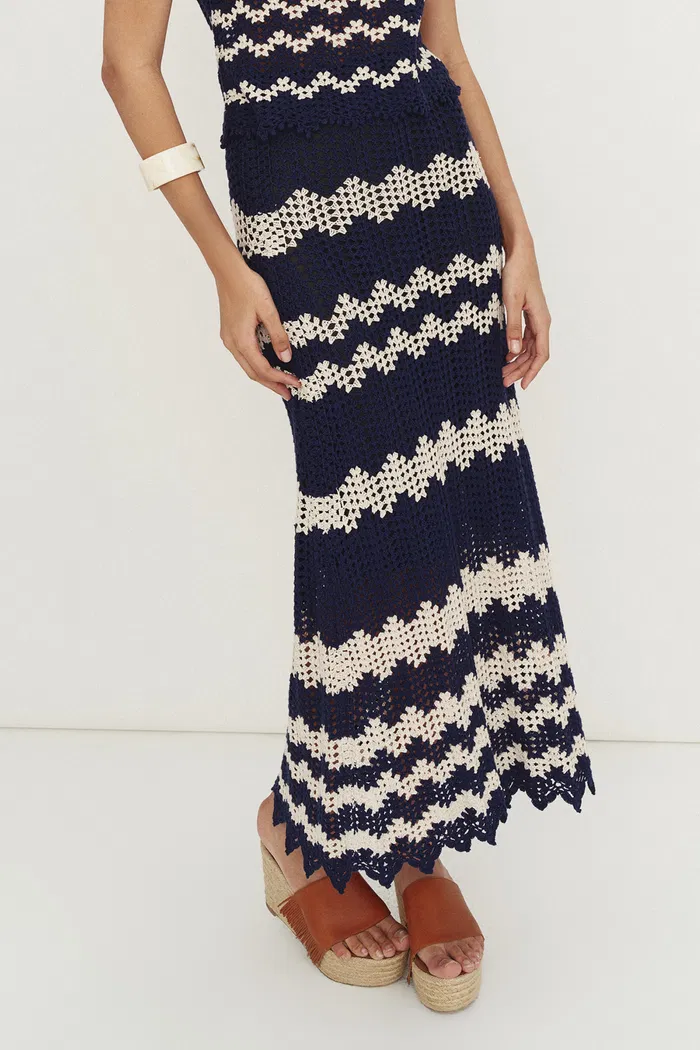 Cecilia Handcrafted Contrasting Crochet Skirt in Cotton-Linen Blend