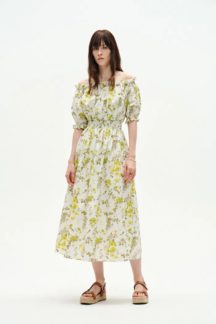 Ellie Off Shoulder Hand Painted Flora Midi Dress in Silk Cotton