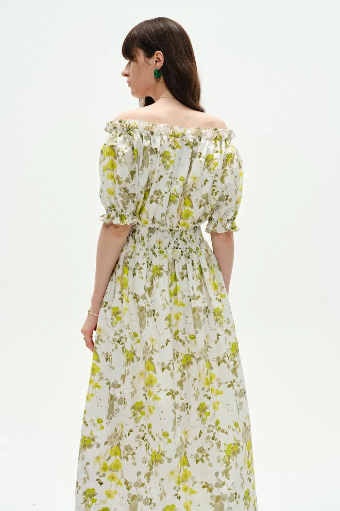 Ellie Off Shoulder Hand Painted Flora Midi Dress in Silk Cotton