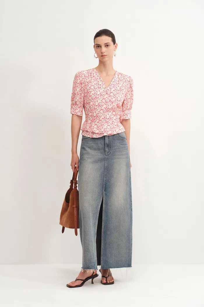 Irisa Floral Pink Blouse Top in Matte Mulberry Silk Crepe