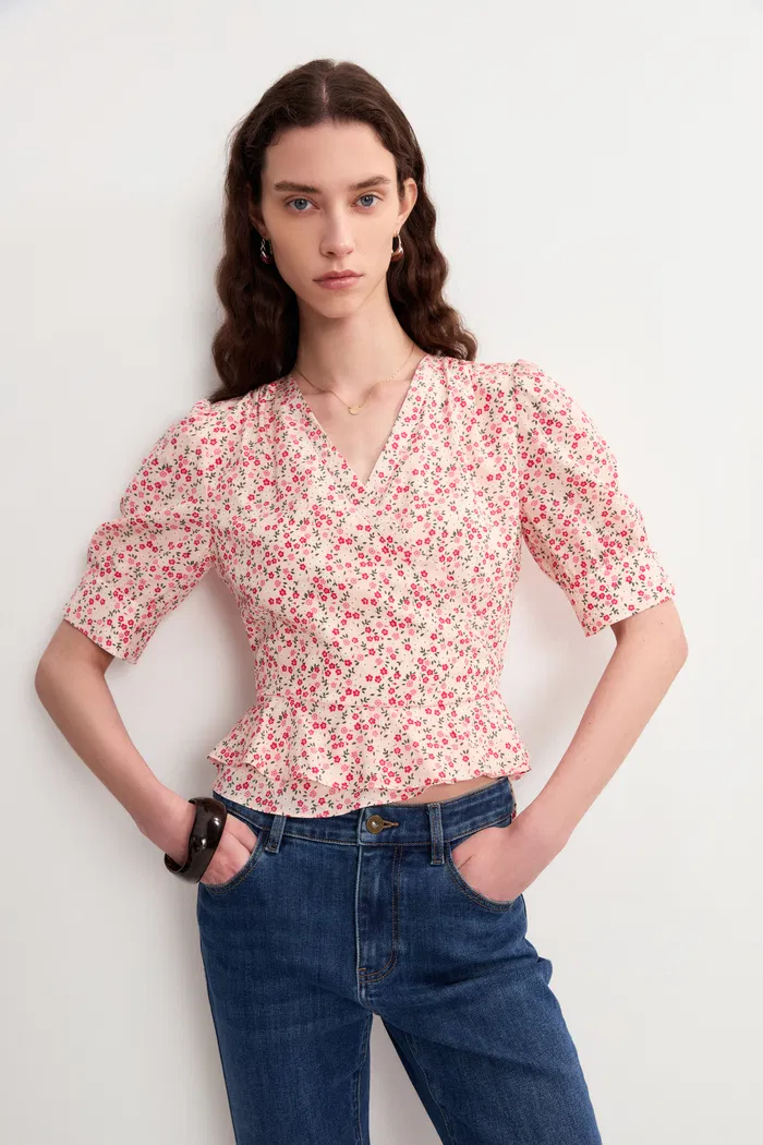 Irisa Floral Pink Blouse Top in Matte Mulberry Silk Crepe