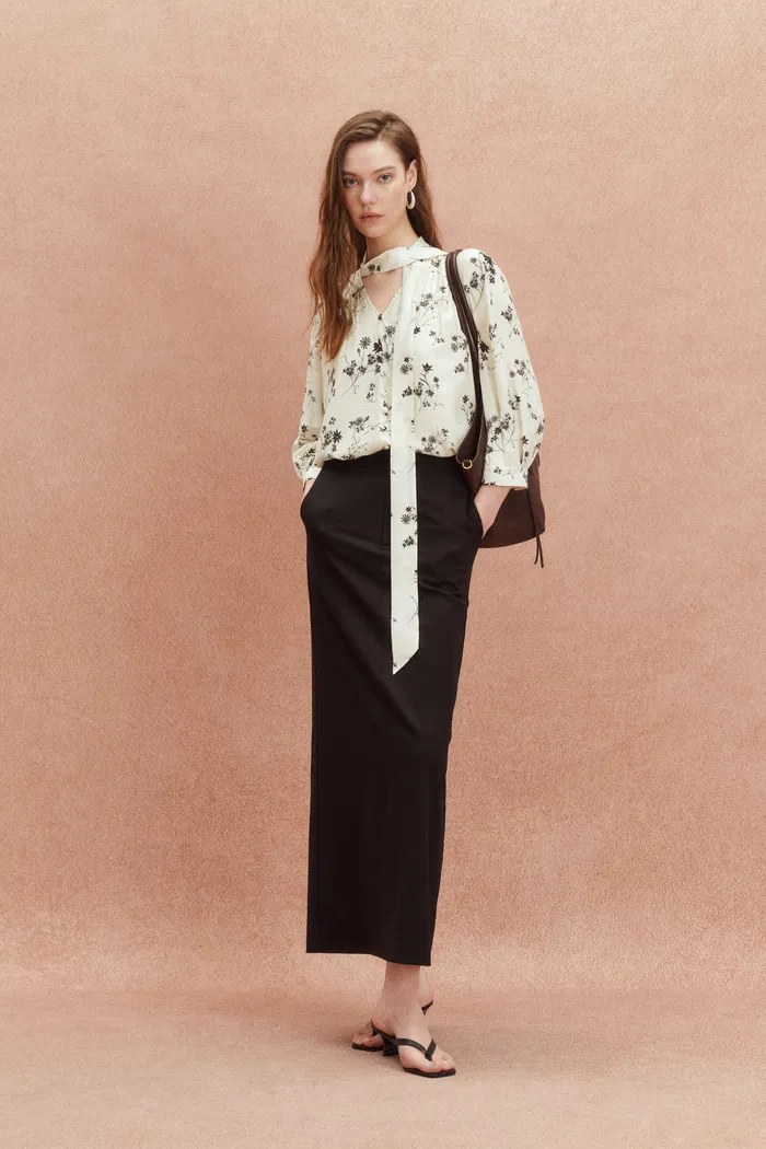 Brooke Hand Painted Flora Scarf Neck Blouse in Silk Blend Satin