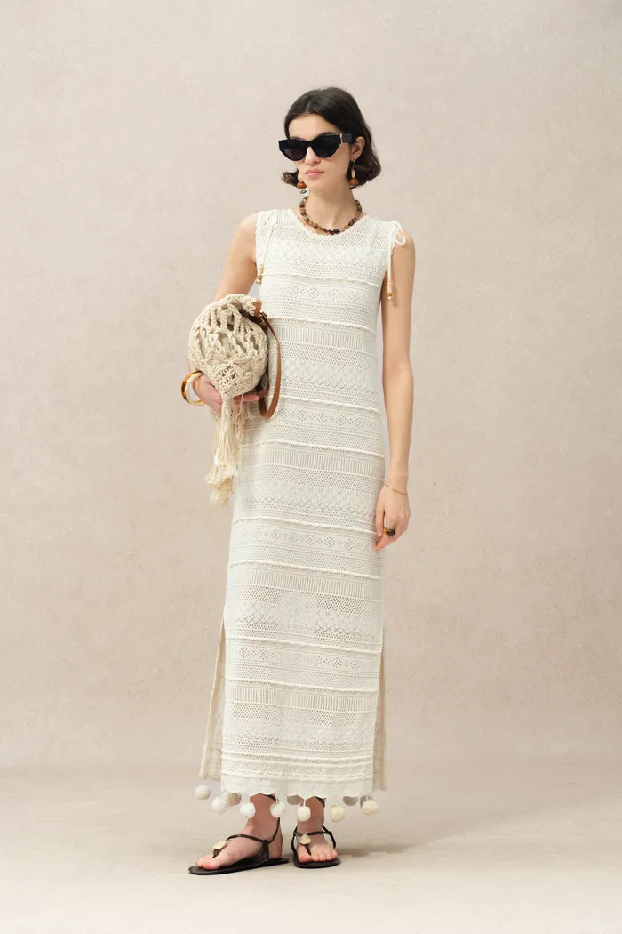 Sibilla Multi Stitchwork Maxi Crochet Dress in Cotton Knit