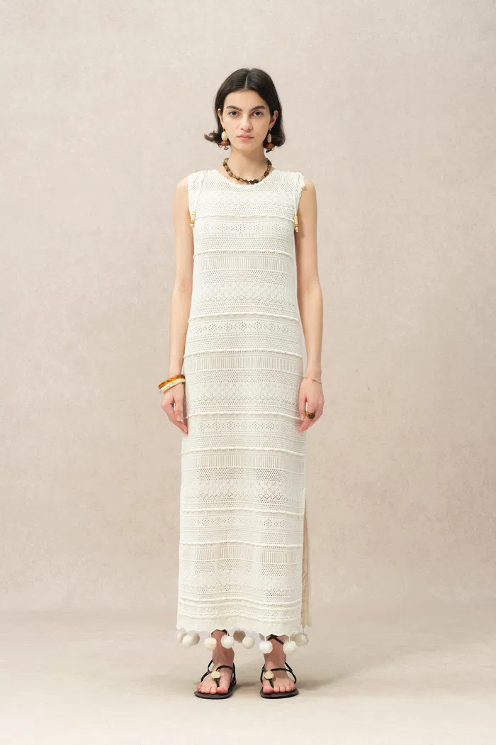 Sibilla Multi Stitchwork Maxi Crochet Dress in Cotton Knit