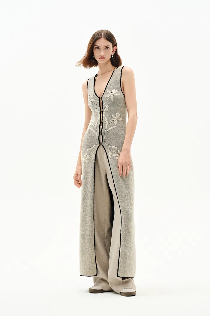 Mazurek Sleeveless Long Slit Vest in Cotton Blend Knit