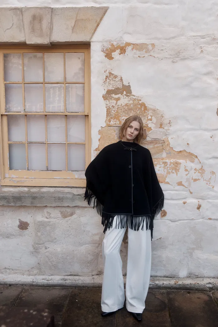 Luna Contrast Leather Fringe Poncho in Merino Cashmere Knit