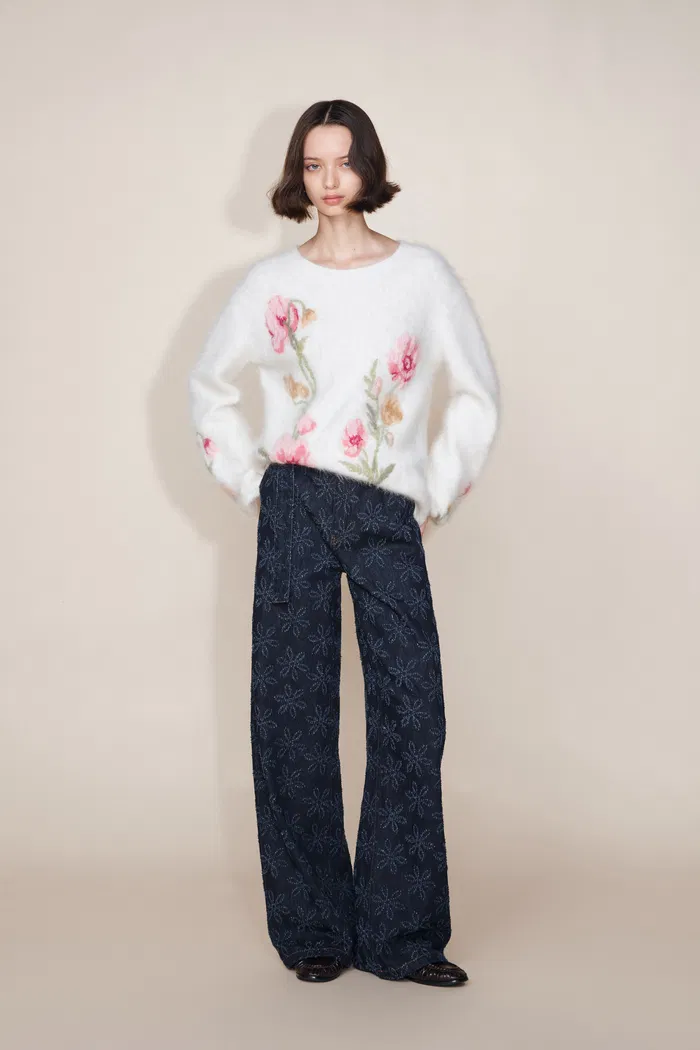 Mia Flora Straight Wide Leg Jeans in Cotton Jacquard Denim