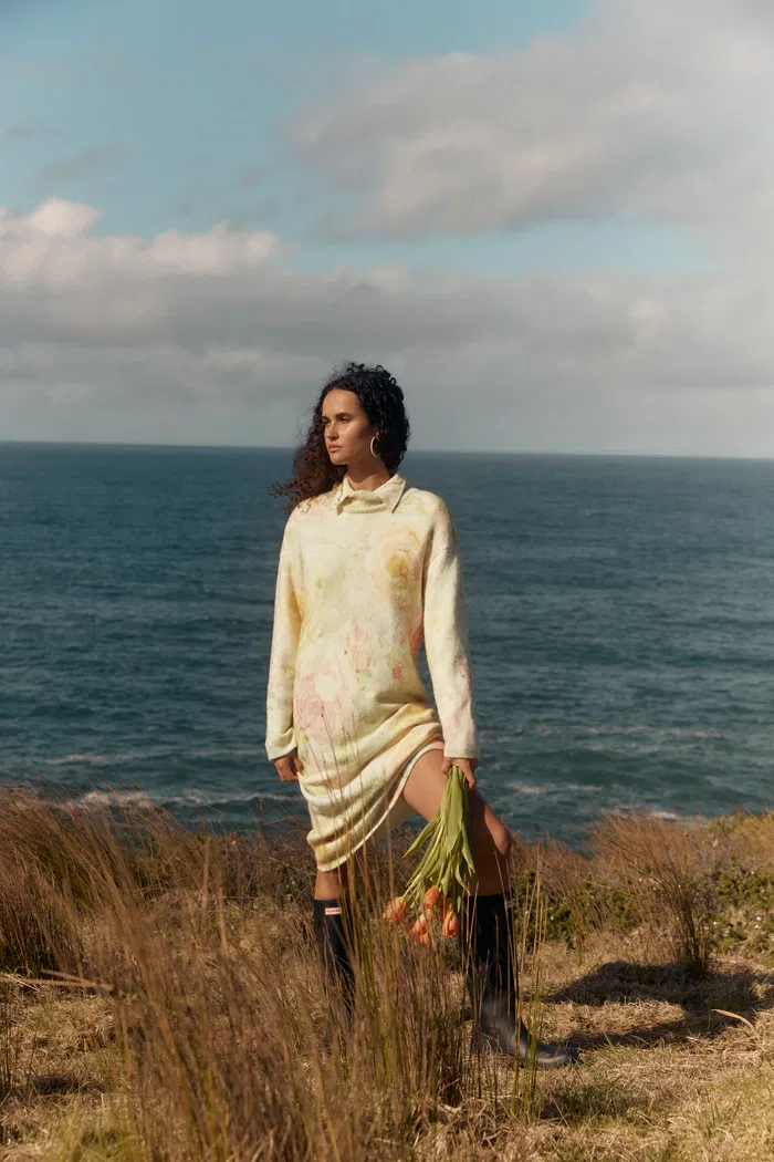 Floral Hand Painted Flora Long Sleeve Dress in Merino Alpaca Blend Knit