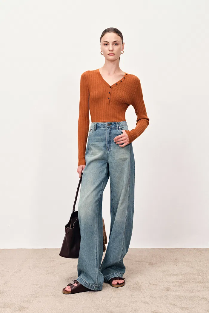 Vivi Henley Top in Stretchy Rib Knit Merino Wool