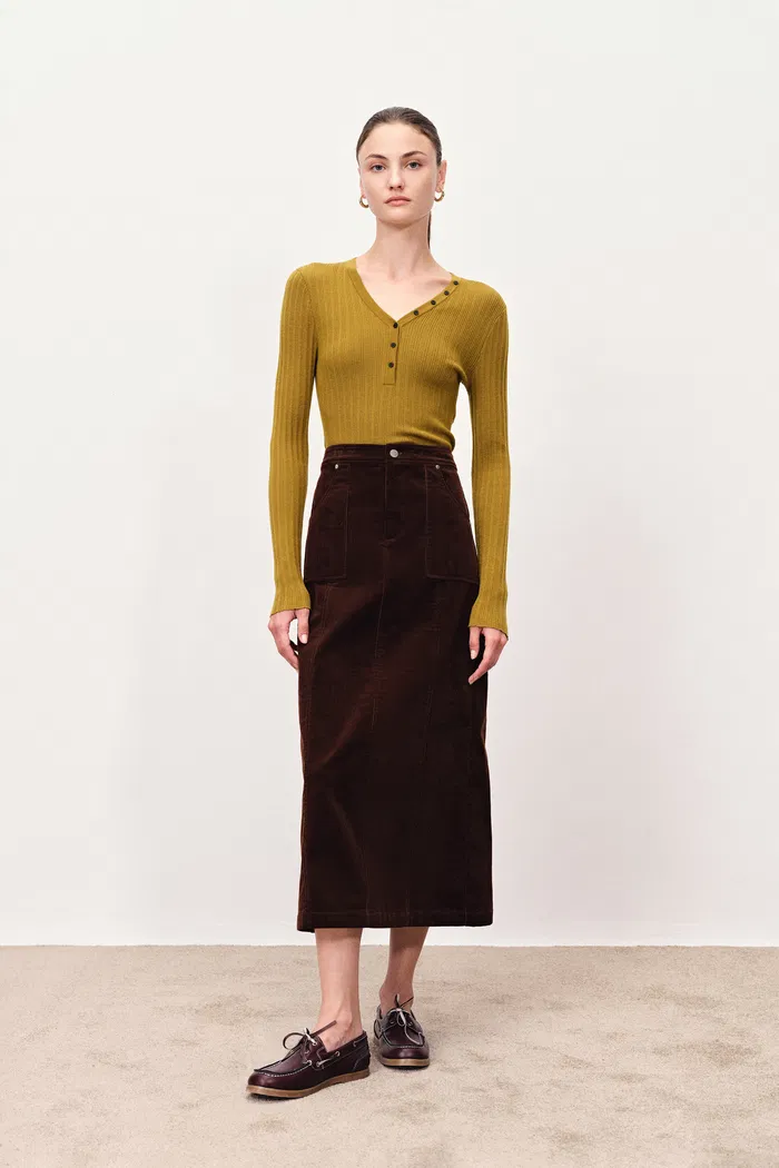 Vivi Henley Top in Stretchy Rib Knit Merino Wool