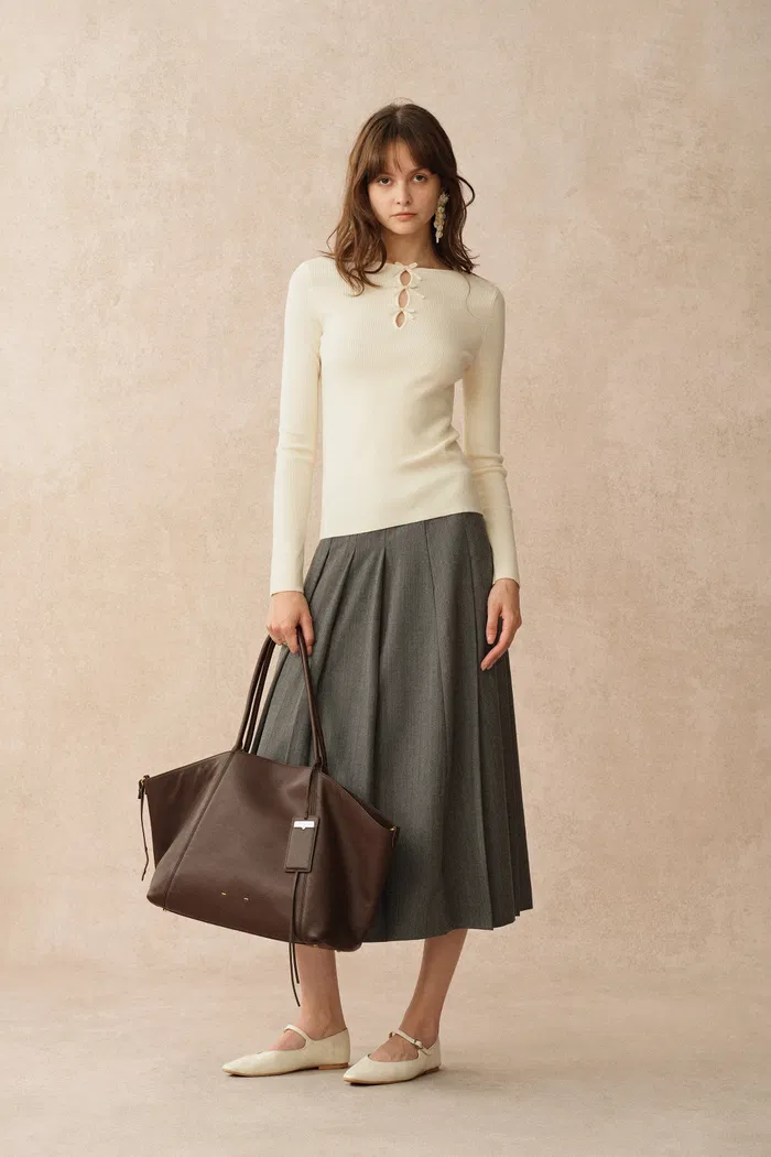 Eden White Bow Tie Cutwork Wool Long Sleeve Top in Merino Wool Knit