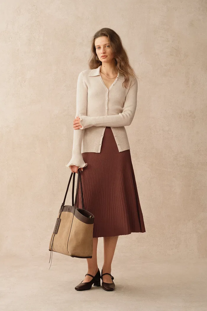 Katia Beige Wavy Cuff Fitted Collared Cardigan in Stretchy Merino Wool Cable Knit