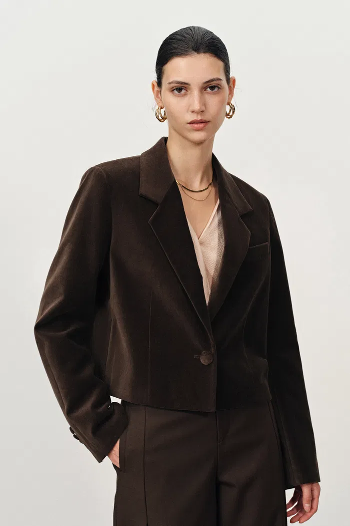Geraldine Single Button Crop Blazer in Cotton Velvet