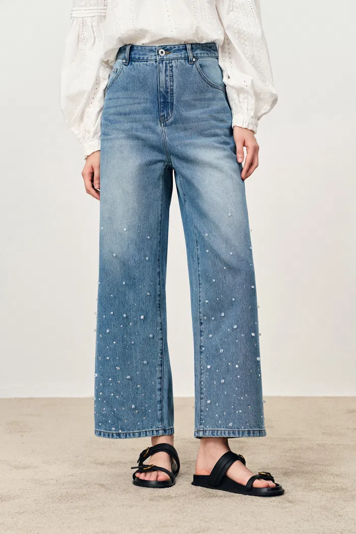 Lulia Raindrop Hand-Beaded Roomy Straight Leg Jeans in Cotton Denim