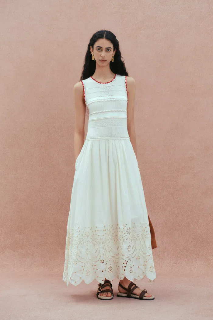 Charlie Mix Media Hand-Embroidered Trim Dress in Cotton-Cashmere and Cotton