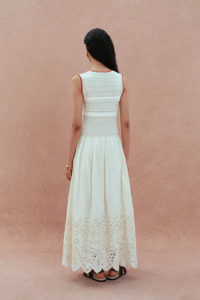 Charlie Mix Media Hand-Embroidered Trim Dress in Cotton-Cashmere and Cotton