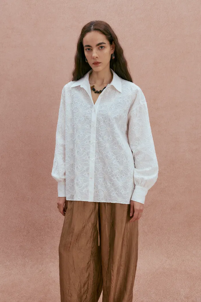 Adeline Hand Sewn SequinJacquard Button-Up Shirt in Cotton