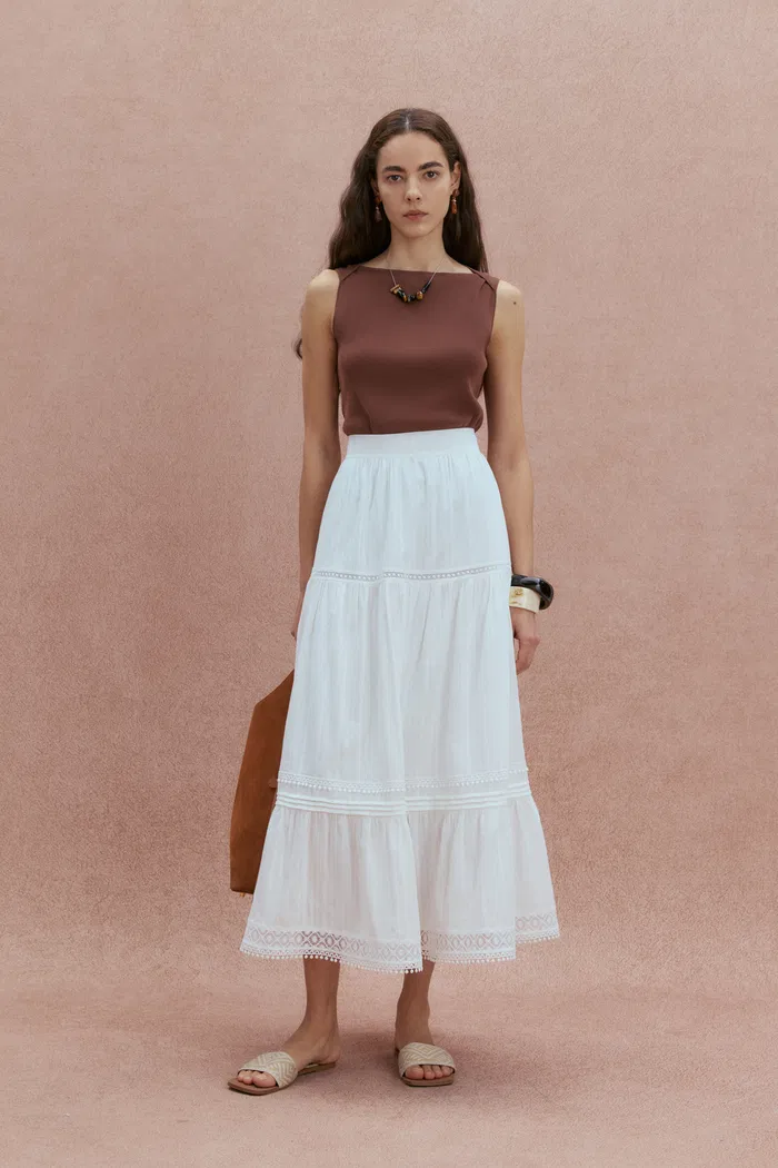 Sybilla Tiered Openwork Maxi Skirt in Cotton