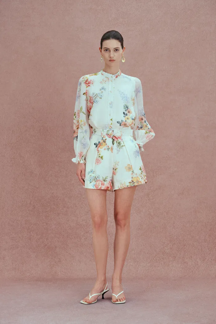 Ariel Flora Blouse and Short Matching Set in Silk-Linen Blend
