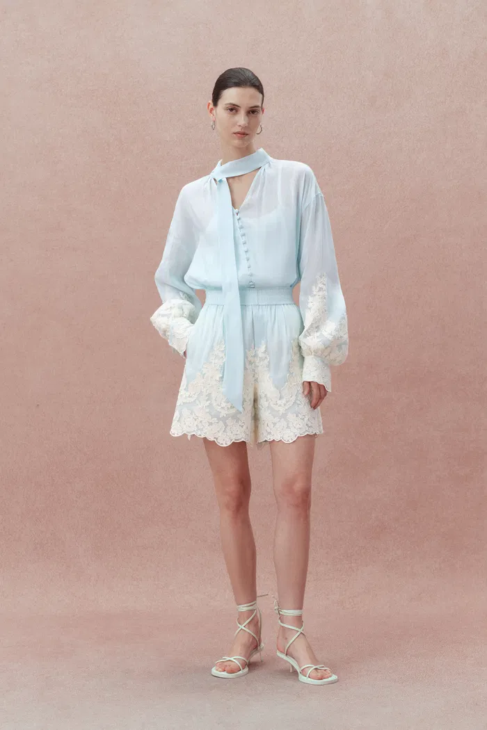 Paz Blue Embroidered Top and Short Matching Set in Silk-Linen Blend