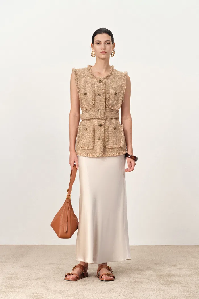 Avignon Belted Fringed Tweed Sleeveless Vest Top in French BouclÃ©